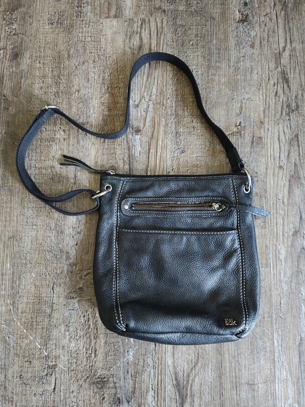 The Sak Black Leather Messenger Crossbody with Silver Hardware